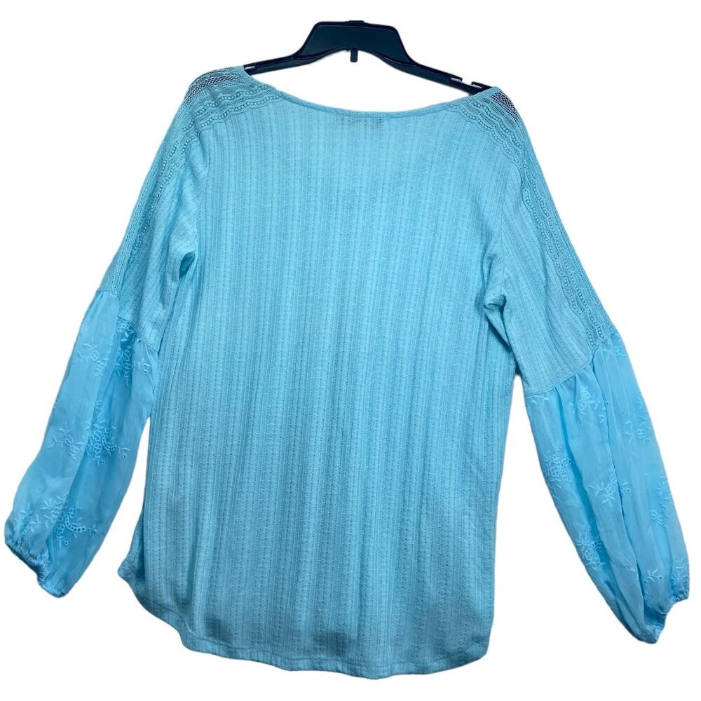Fever Tunic Blouse Womens size Large Blue Long Sleeve Crochet Peasant Boho New - Picture 2 of 7